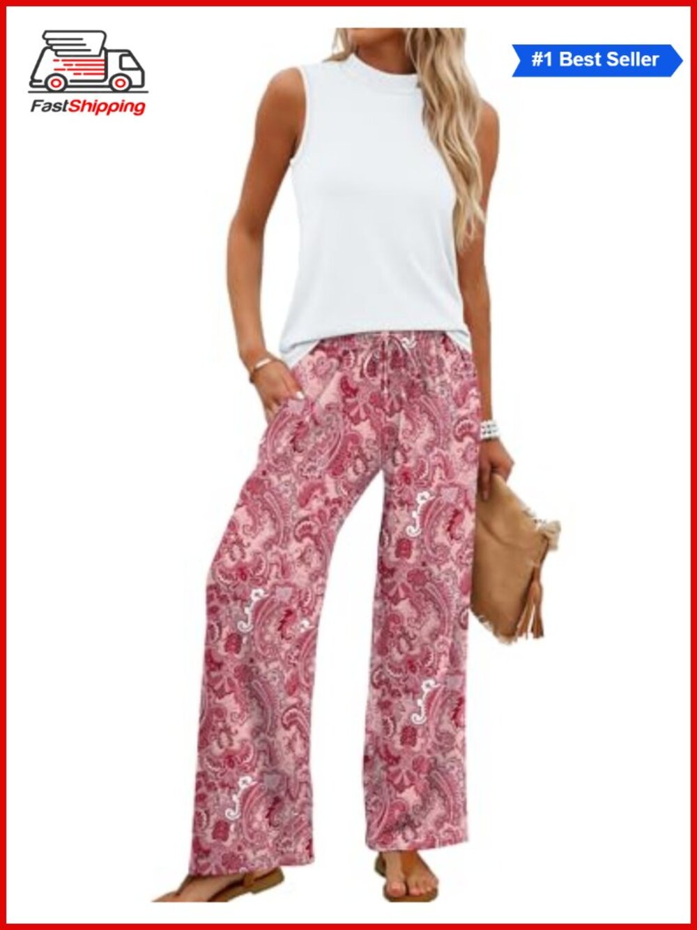 ✨ WIHOLL Two Piece Set Mock Neck Sleeveless Crop Top Wide Leg Pants Women